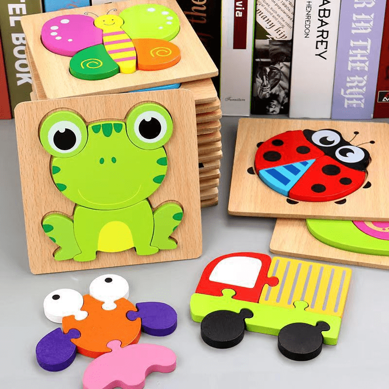 Educational wooden puzzle toys featuring cartoon animals, perfect for young children in kindergarten. Ideal for holiday gifts such as Christmas, Halloween, and Thanksgiving.