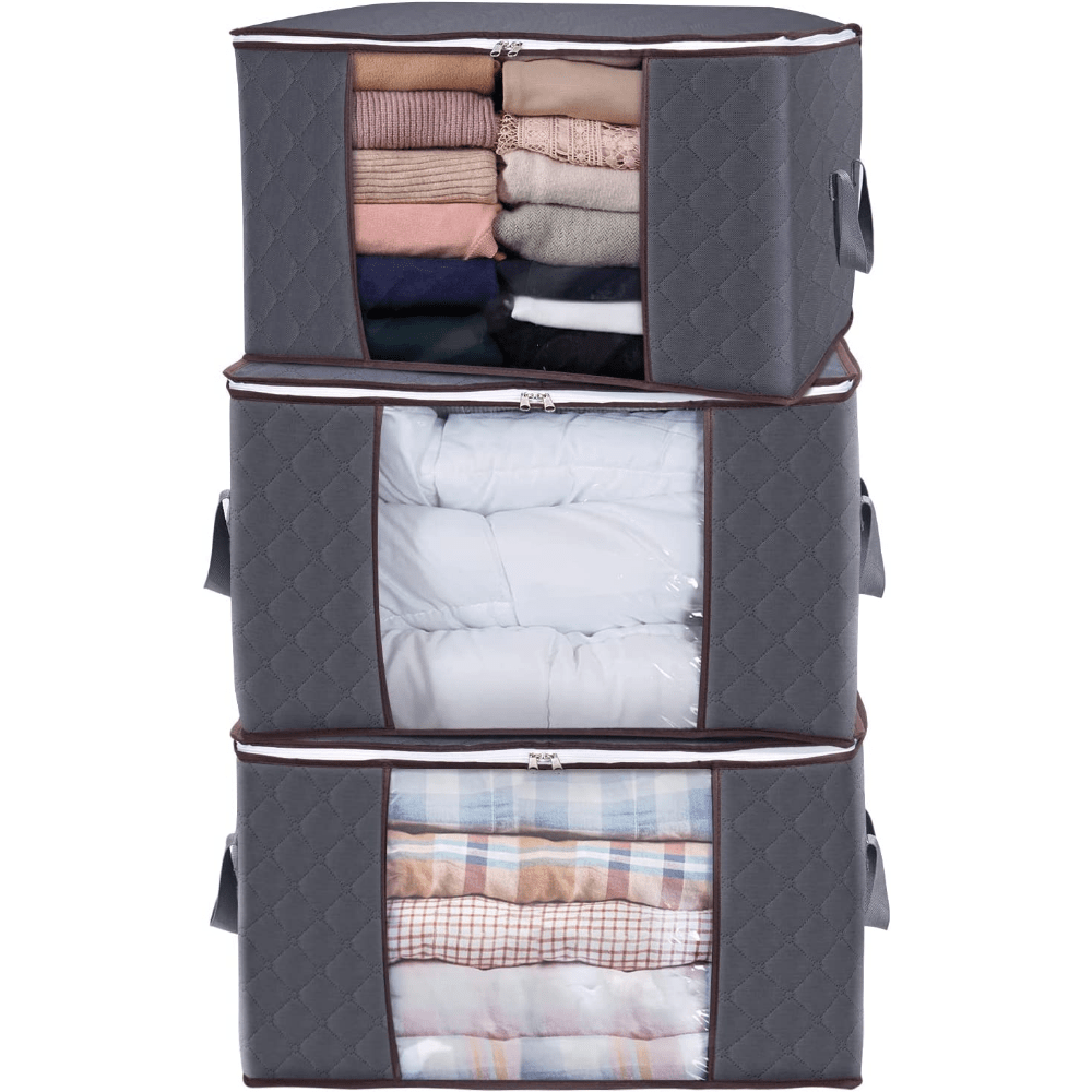 3 pack of 90L large storage bags, with reinforced handles, for clothing, blankets, toys, and bedding in grey.