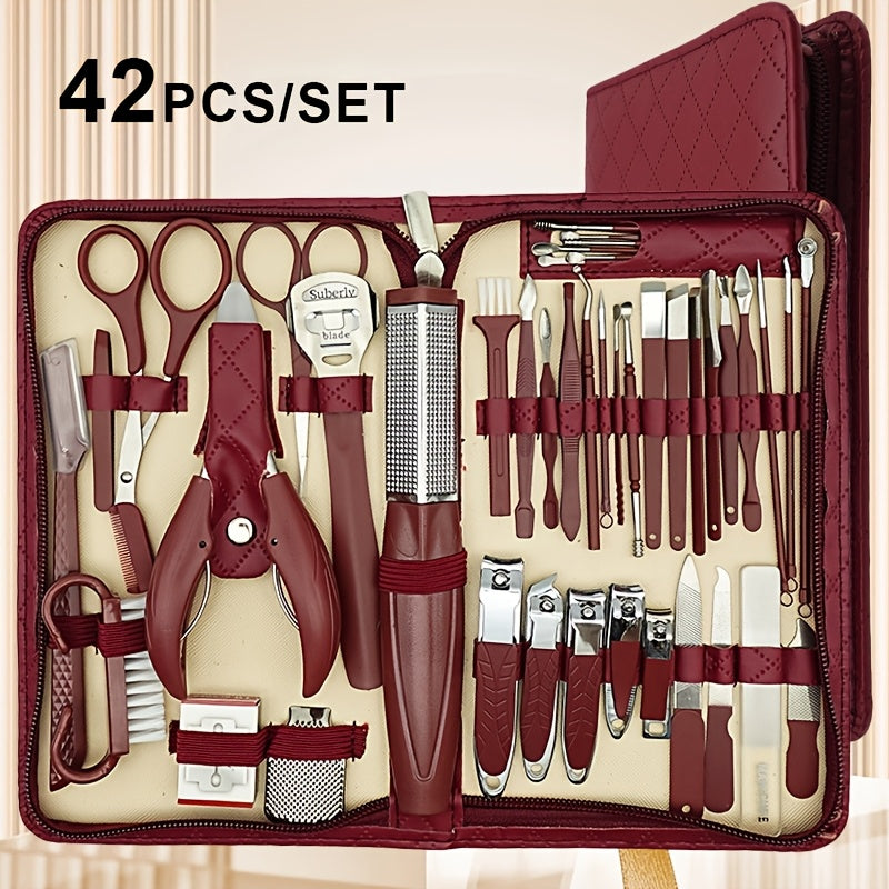 42-piece stainless steel nail clipper set with zipper case featuring diamond pattern design, including large eagle mouth pliers, pedicure knife, ear scoop, and eyebrow trimmer.