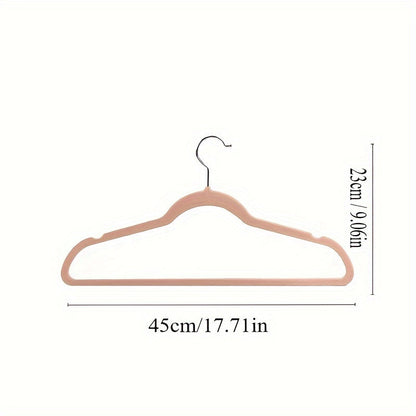 Set of 100 high-quality velvet hangers, measuring 44.96cm each. These non-slip flocked felt hangers are perfect for coats and suits, featuring a 360 degree swivel hook for convenience. Each hanger can hold up to 6.8 KG of weight.