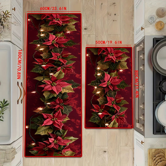 Festive Christmas Poinsettia Pattern Long Runner Rug in 1 Piece, Made of Polyester with Non-Slip Stain Resistant Features, Machine Washable Carpet, Soft and Comfortable Floor Mat with Anti-Slip Backing for Home Party Decor or Holiday Gift option.