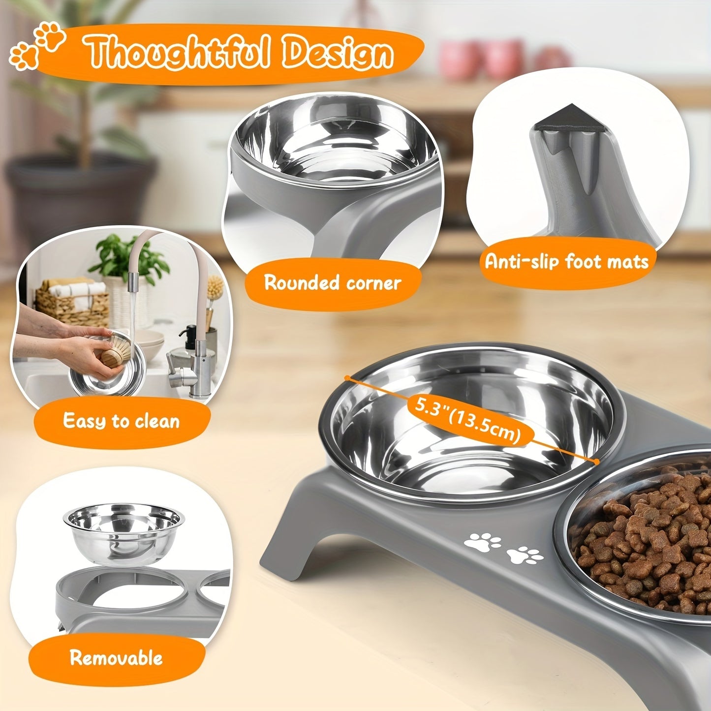 Arsali Elevated Cat Bowls with stainless steel dual bowls for food and water, designed for cats and small dogs, featuring anti-vomiting, ergonomic design with non-slip feet. Easy to clean