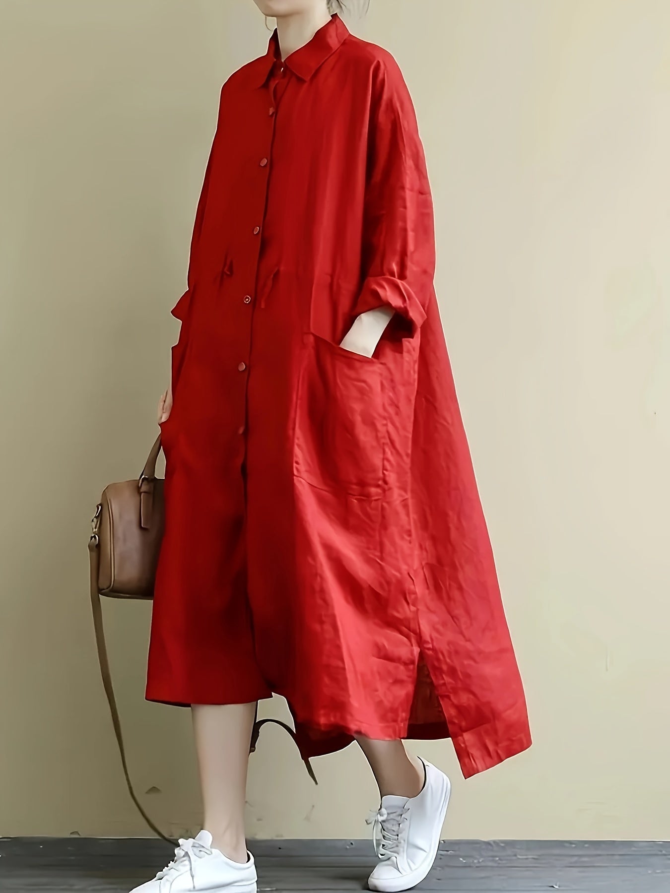 Red linen shirt dress with casual loose fit, button detail, non-stretch fabric, machine washable, part of spring collection.