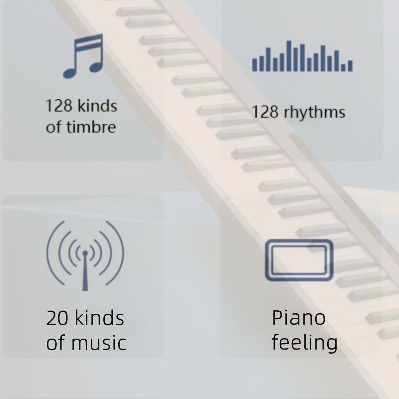 Профессиональная портативная электронная клавиатура на 88 клавиш с настоящим звуком пианино, складной дизайн, 128 ритмов и тембров, 20 музыкальных стилей. Включает в себя чехол для переноски, USB-кабель, руководство, музыку.