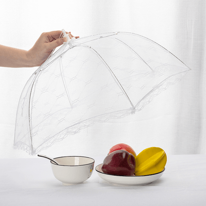 Portable umbrella-style food cover, protects from insects, ideal for home and camping