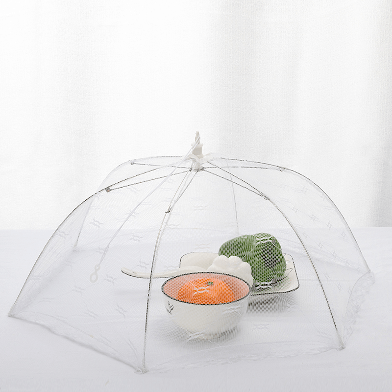 Portable food cover with macrame table for home use or camping.