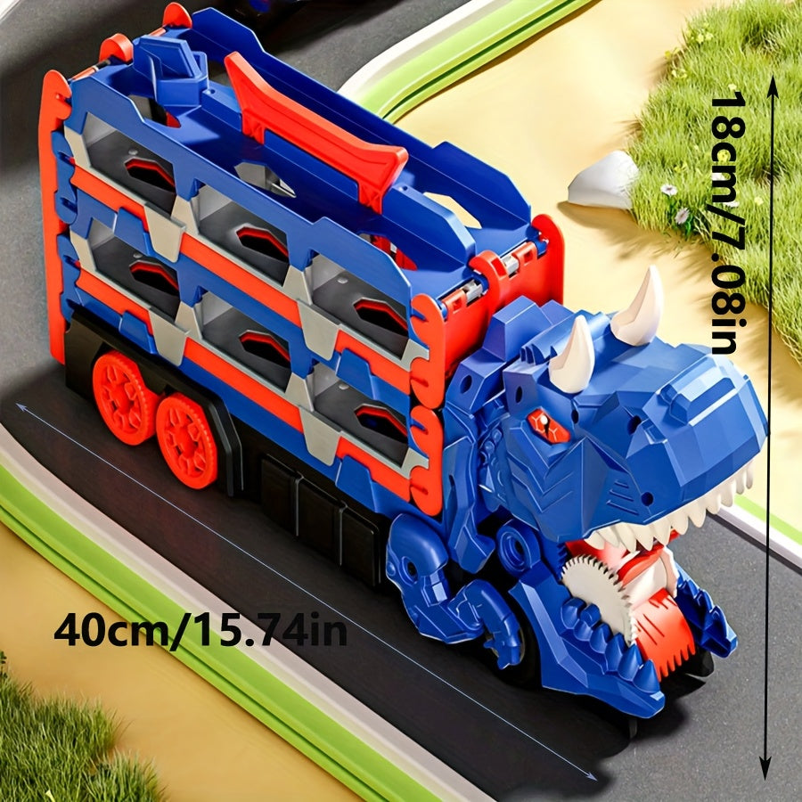 Dinosaur transformation transport track toy with car-swallowing feature, includes 6 mini cars, random colors and styles. Features foldable sliding 56-inch dual race track. Great gift for