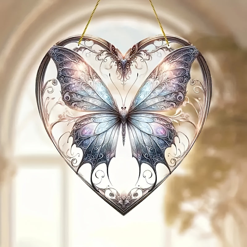 Glass window decoration pendant chain featuring a heart butterfly pattern, perfect for hanging in any room of the house as a beautiful and unique decoration. This versatile piece can be used in the bedroom, living room, kitchen, balcony, hallway, or