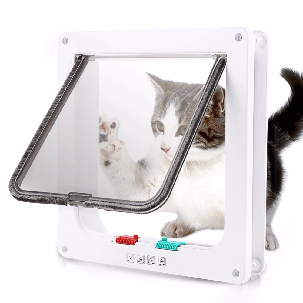 Weatherproof 4-way locking pet door for dogs & cats made of durable ABS with easy installation, enhanced home security, and multiple sizes available.