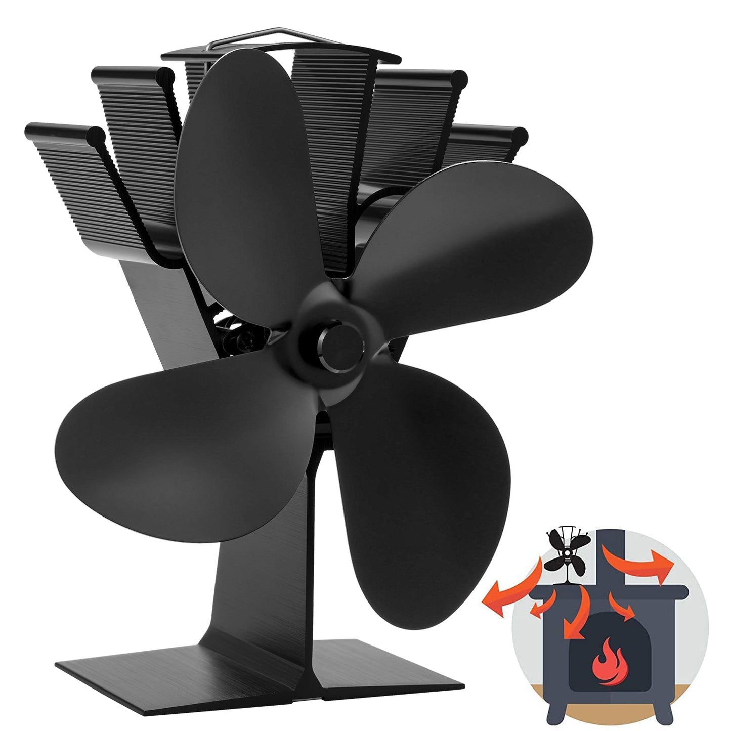 Heat powered stove fan for optimal energy efficiency and increased home comfort. This 4-blade fireplace fan promotes energy savings.