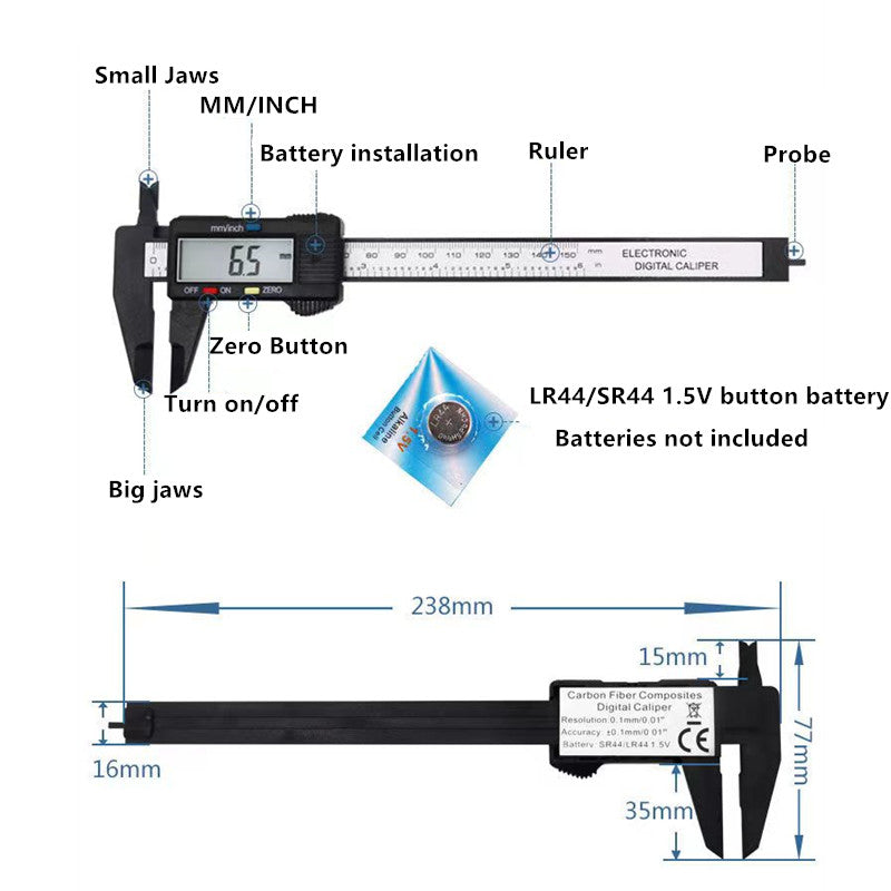 150mm Electronic Digital Caliper with Carbon Fiber Dial Vernier, Micrometer Measuring Tool.