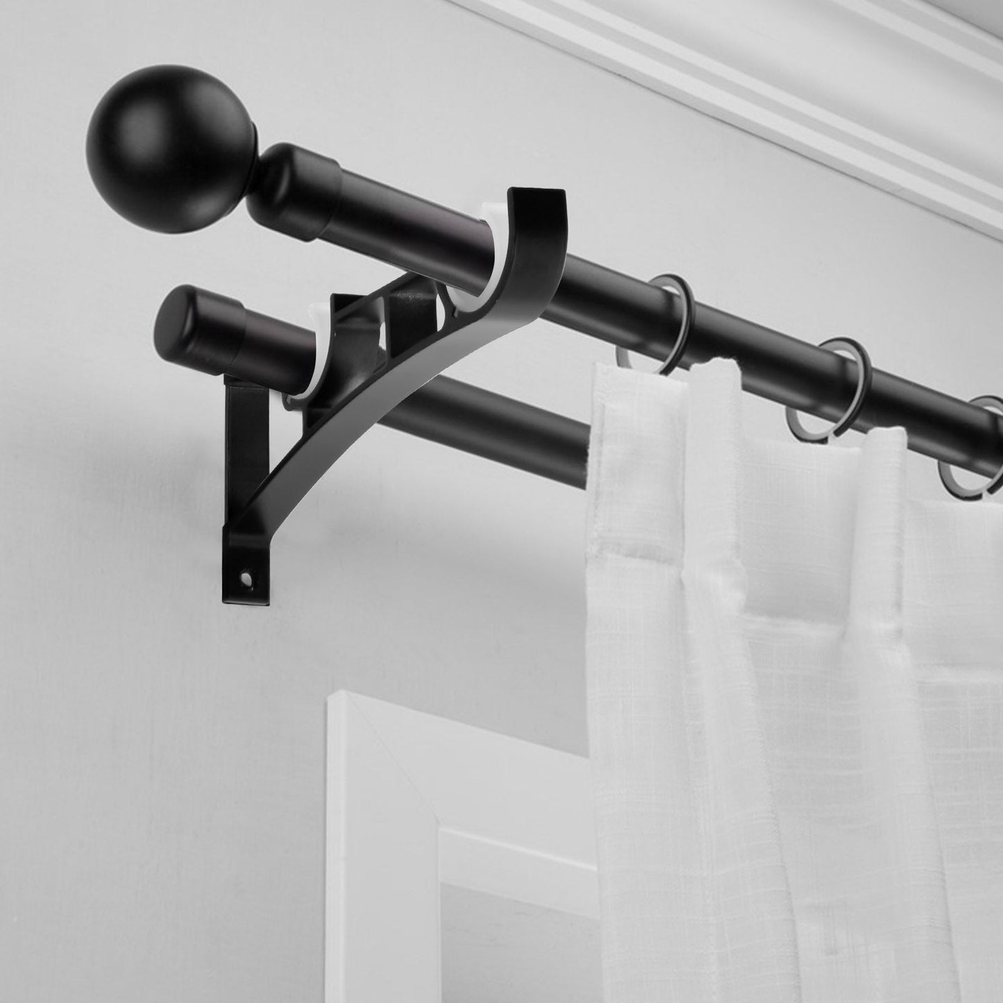 Pair of Robust Heavy Duty Curtain Rod Brackets - Double Hooks for Clothes Rods - Black Metal Curtain Pole Holders with 4 Screws - Holds Weight up to 50kg