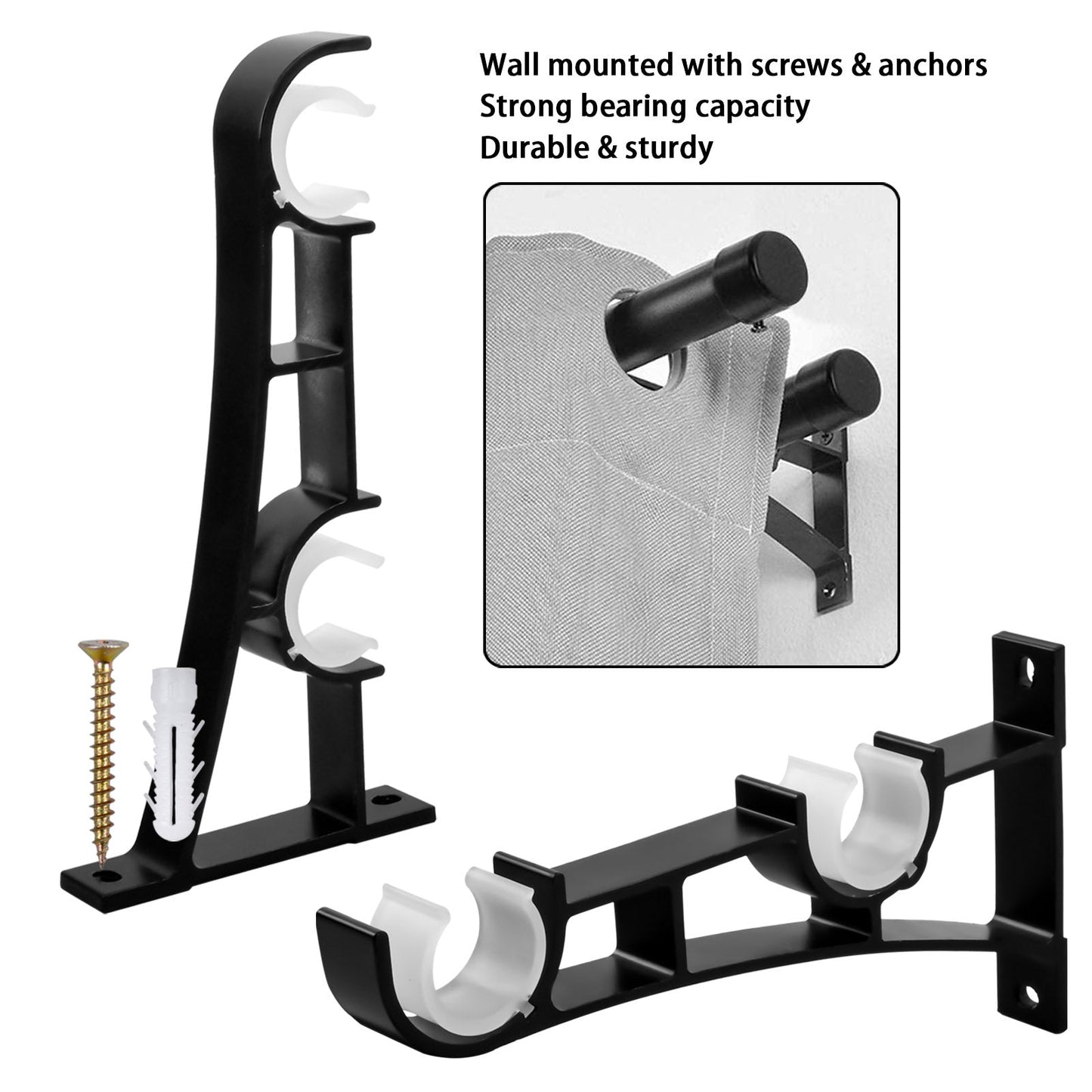 Pair of Robust Heavy Duty Curtain Rod Brackets - Double Hooks for Clothes Rods - Black Metal Curtain Pole Holders with 4 Screws - Holds Weight up to 50kg