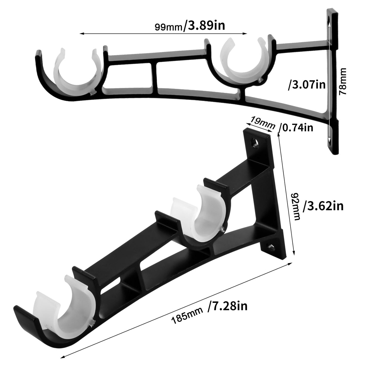 Pair of Robust Heavy Duty Curtain Rod Brackets - Double Hooks for Clothes Rods - Black Metal Curtain Pole Holders with 4 Screws - Holds Weight up to 50kg