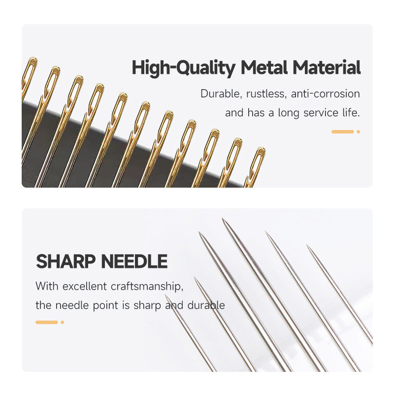 Assorted self-threading needles set includes 12pcs. Stainless steel darning sewing needles with side opening, ideal for household hand sewing tasks.