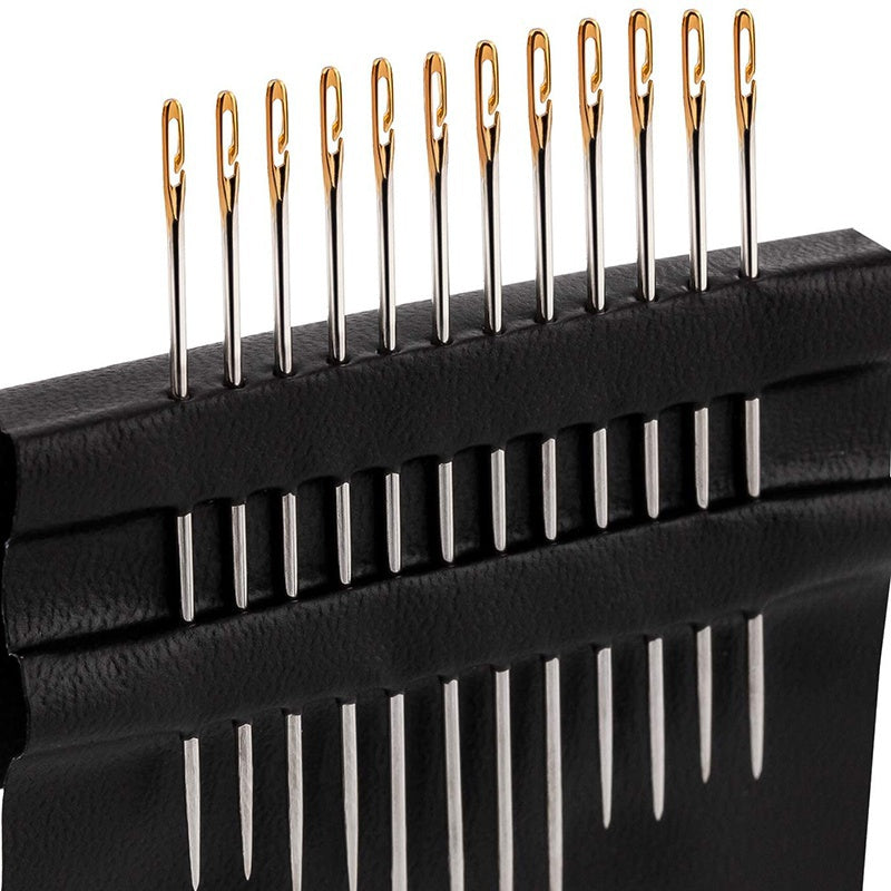 Assorted self-threading needles set includes 12pcs. Stainless steel darning sewing needles with side opening, ideal for household hand sewing tasks.