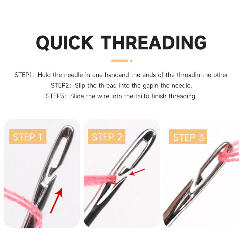 Assorted self-threading needles set includes 12pcs. Stainless steel darning sewing needles with side opening, ideal for household hand sewing tasks.