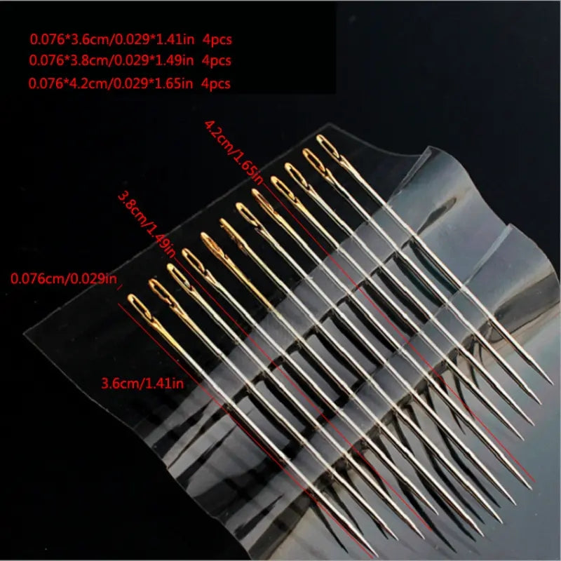 Assorted self-threading needles set includes 12pcs. Stainless steel darning sewing needles with side opening, ideal for household hand sewing tasks.