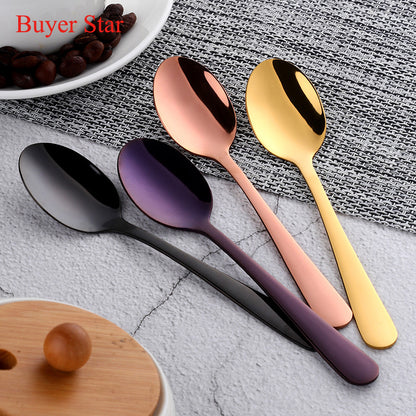 Luxurious colorful mini tea spoon made of 18/10 stainless steel, with a rose gold and silver finish. Perfect for parties and elegant dining settings.