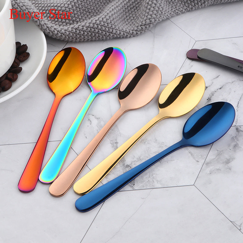 Luxurious colorful mini tea spoon made of 18/10 stainless steel, with a rose gold and silver finish. Perfect for parties and elegant dining settings.