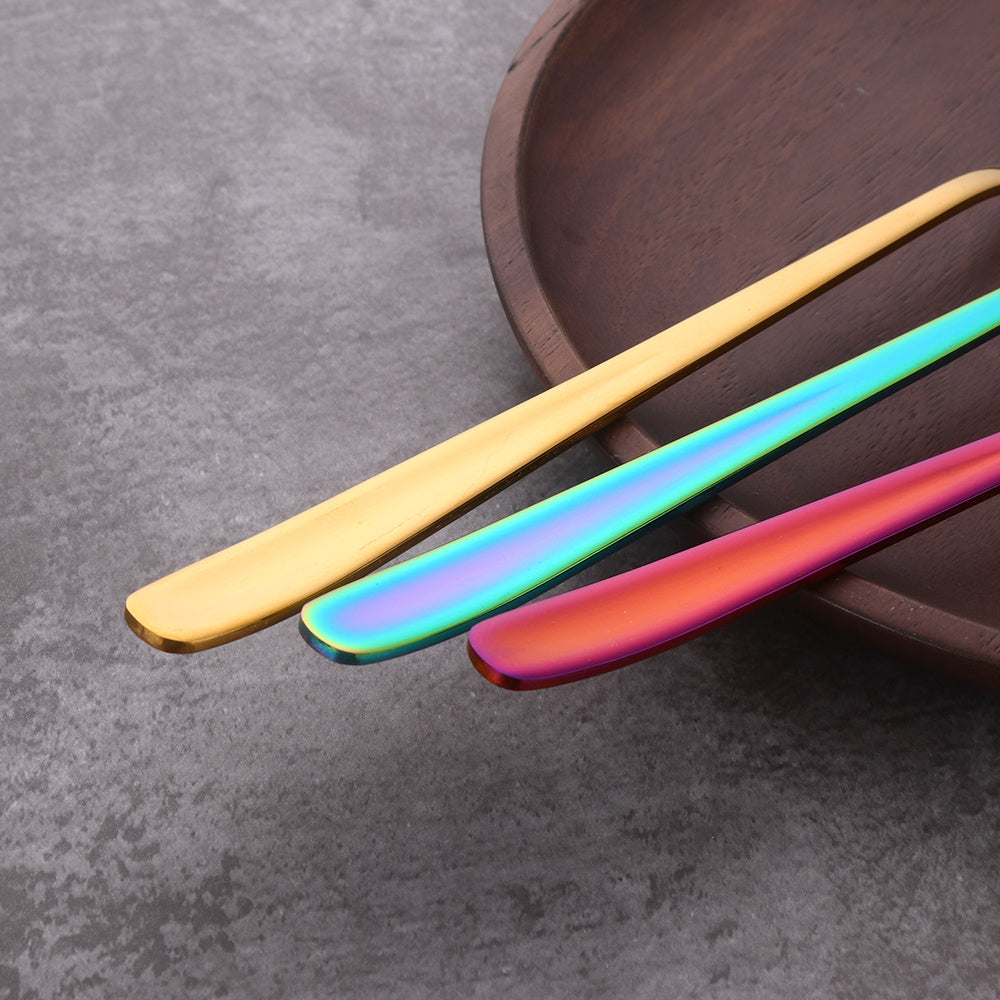 Long handle rainbow ice spoon made of 18/10 stainless steel for mixing and stirring beverages, ice cream, or desserts. Mirror polished.