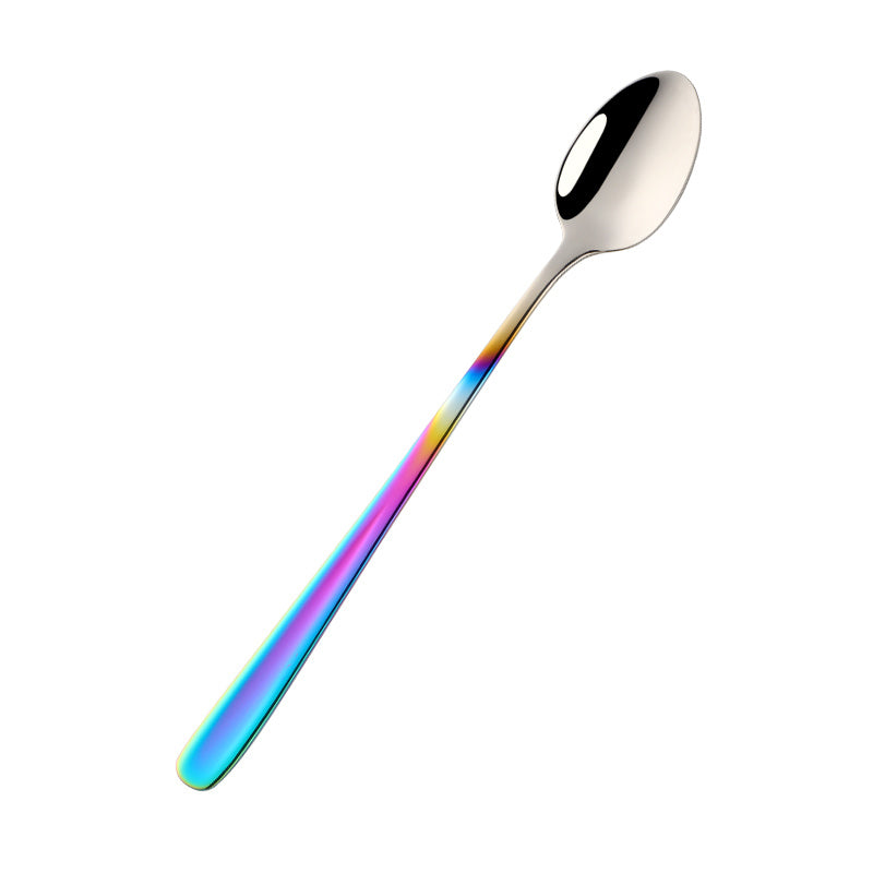 Long handle rainbow ice spoon made of 18/10 stainless steel for mixing and stirring beverages, ice cream, or desserts. Mirror polished.