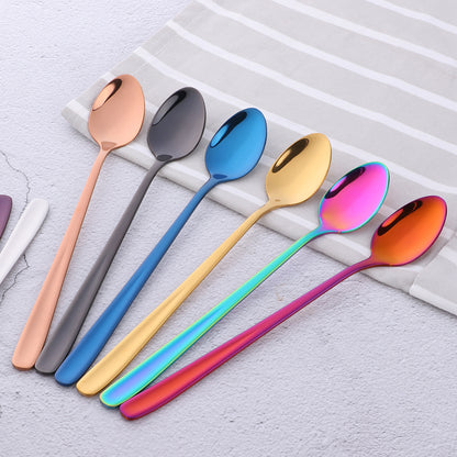 Long handle rainbow ice spoon made of 18/10 stainless steel for mixing and stirring beverages, ice cream, or desserts. Mirror polished.