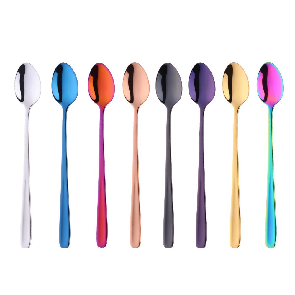 Long handle rainbow ice spoon made of 18/10 stainless steel for mixing and stirring beverages, ice cream, or desserts. Mirror polished.