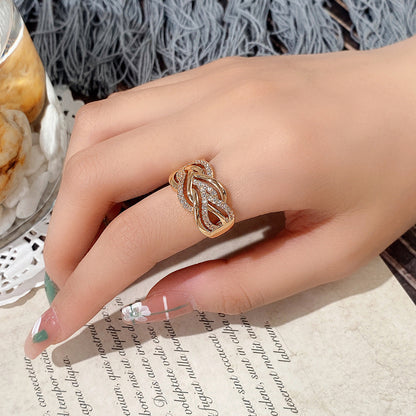 Interweaving micropaved zirconia golden wide ring luxury jewelry for women's wedding and engagement gifts.