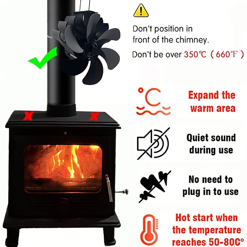 Wood Stove Chimney Fan, Heat Powered Flue Pipe Fireplace Fan with 6 Blades for Silent Winter Operation - Essential for Wood Burning Stoves, Pellets, and Logs.