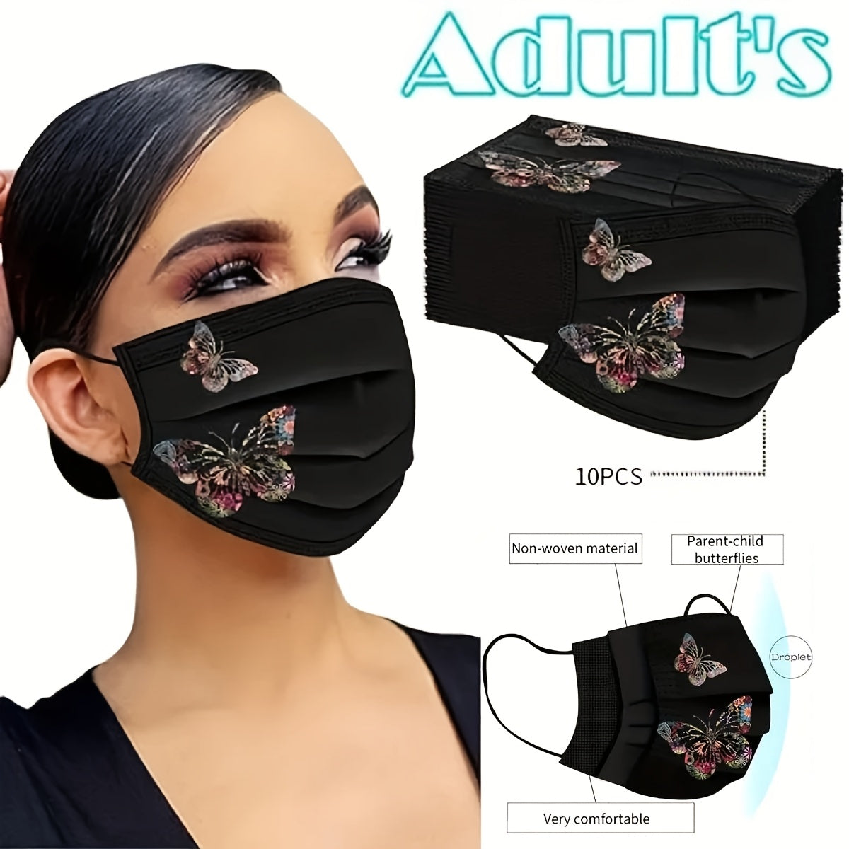 Set of 10 Black Butterfly Print Face Masks made with Woven Material and Elastic, featuring a Stylish and Mature Design. Can be worn as a Decorative Scarf for Women, Men, and Teens during Outdoor activities such as Driving and Casual Wear. Masks are Hand