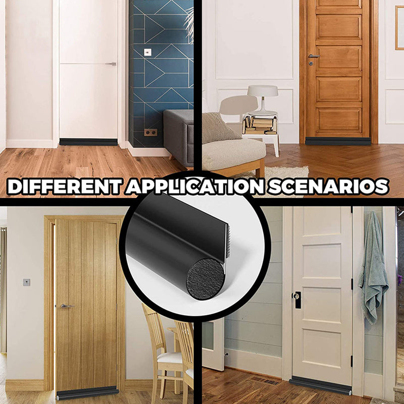 Adjustable door draft stopper reduces wind, light, cold air, and noise.