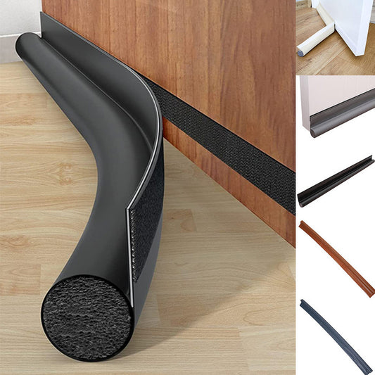 Adjustable door draft stopper reduces wind, light, cold air, and noise.