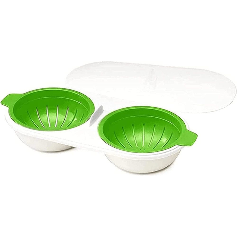 The 2-Cup Microwave Egg Poacher offers convenient breakfast preparation, is heat resistant and BPA free, and comes with a drain basket. Ideal for steamed eggs, cake molds, and more. Available in Green, Blue, and Red.