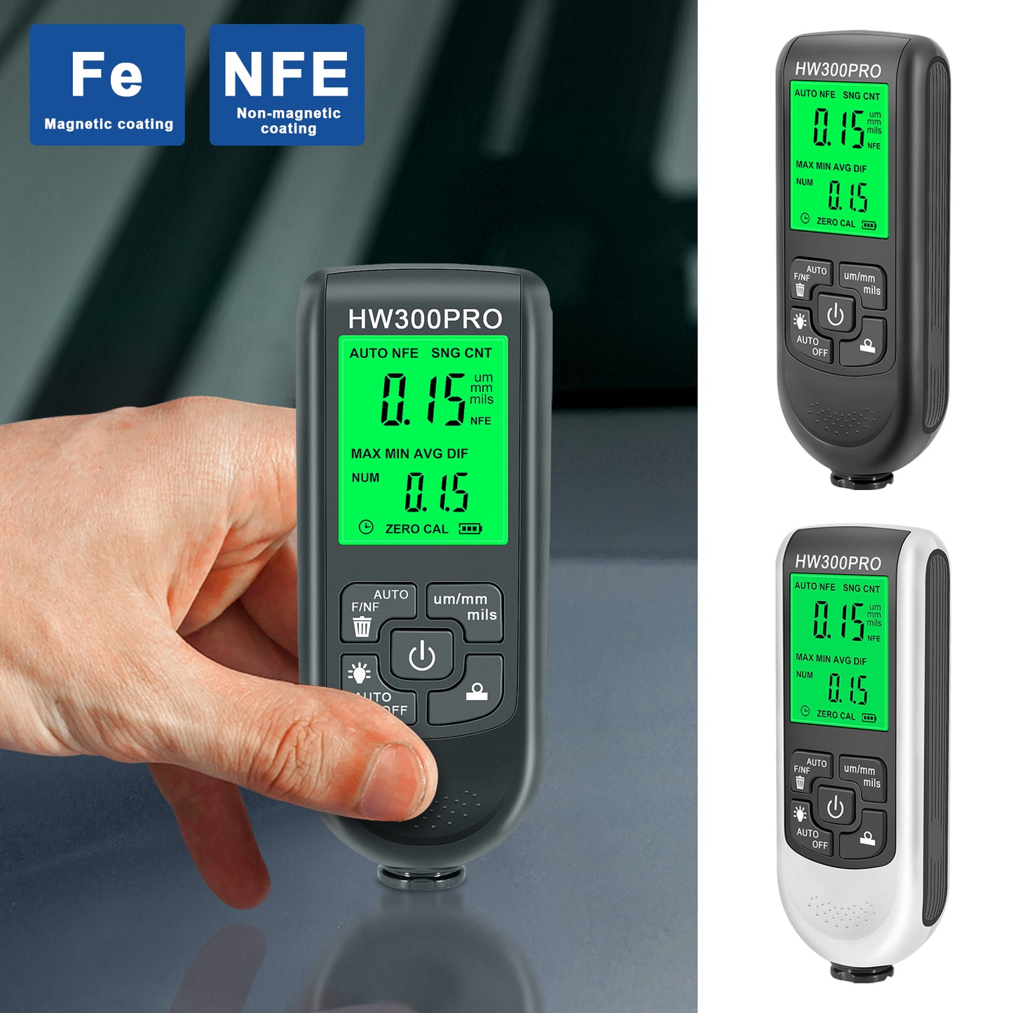 1pc NEW HW-300PRO Coating Thickness Gauge for Car Paint Film Testing, measuring 0-2000UM, with Fe&NFe Probe and FCC certification.