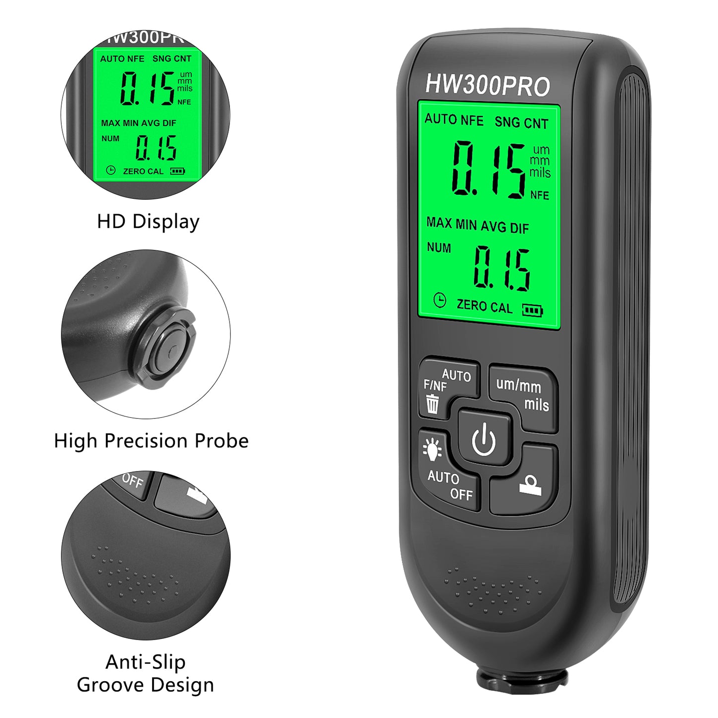 1pc NEW HW-300PRO Coating Thickness Gauge for Car Paint Film Testing, measuring 0-2000UM, with Fe&NFe Probe and FCC certification.