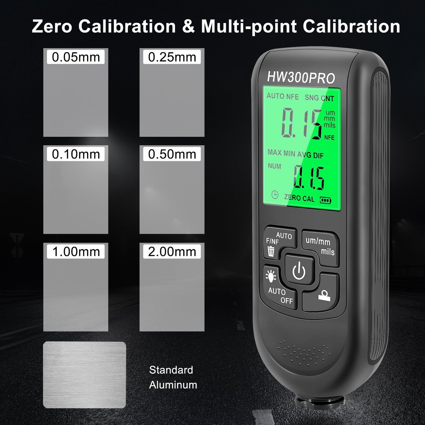 1pc NEW HW-300PRO Coating Thickness Gauge for Car Paint Film Testing, measuring 0-2000UM, with Fe&NFe Probe and FCC certification.