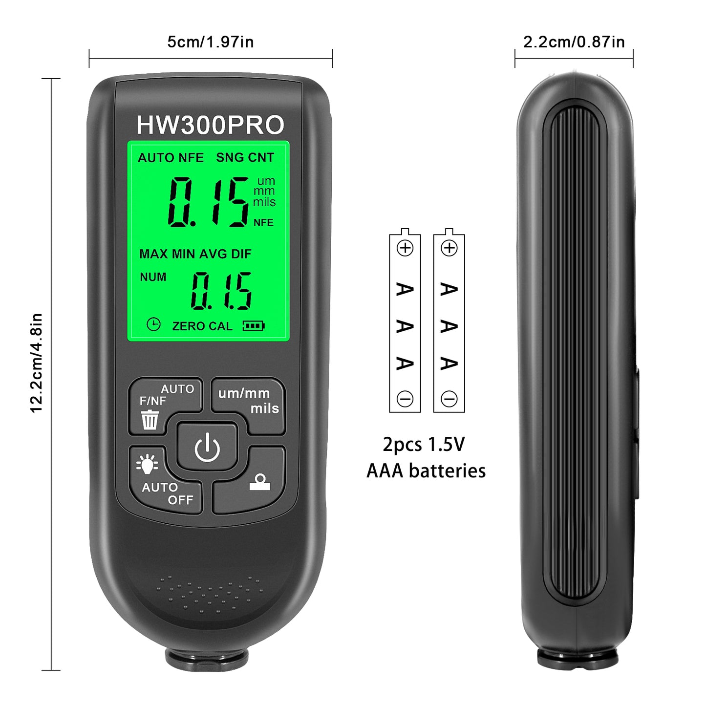 1pc NEW HW-300PRO Coating Thickness Gauge for Car Paint Film Testing, measuring 0-2000UM, with Fe&NFe Probe and FCC certification.