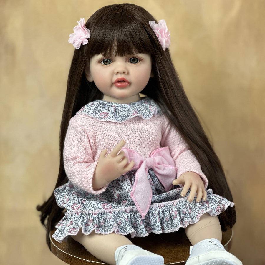 BZDOLL Realistic Reborn Baby Girl Doll with Long Hair, 55 CM, Lifelike, Full Soft Vinyl Body, Perfect Birthday Gift