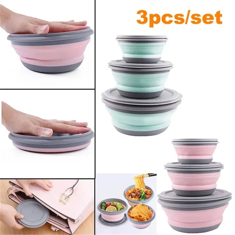 3 silicone folding bowls with lids for food and water, perfect for outdoor camping.