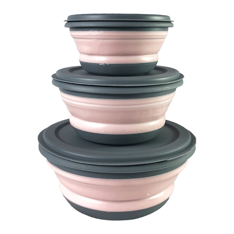 3 silicone folding bowls with lids for food and water, perfect for outdoor camping.