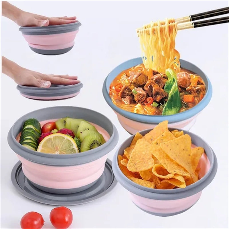 3 silicone folding bowls with lids for food and water, perfect for outdoor camping.