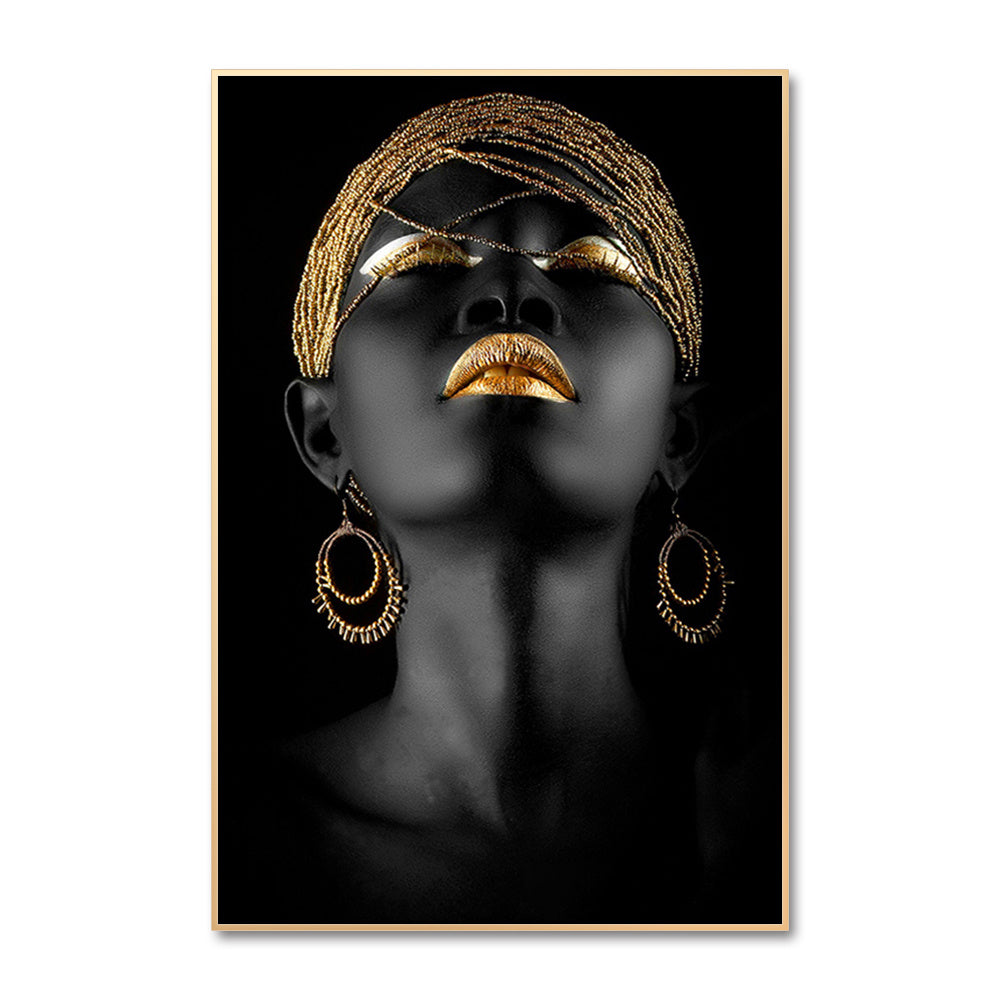 Beautiful African woman wall decals with golden jewelry canvas painting posters for home decor, no frame required.