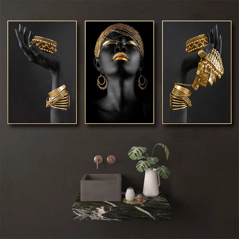 Beautiful African woman wall decals with golden jewelry canvas painting posters for home decor, no frame required.