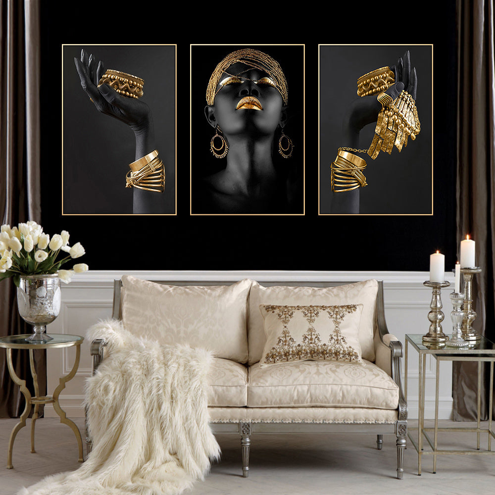 Beautiful African woman wall decals with golden jewelry canvas painting posters for home decor, no frame required.