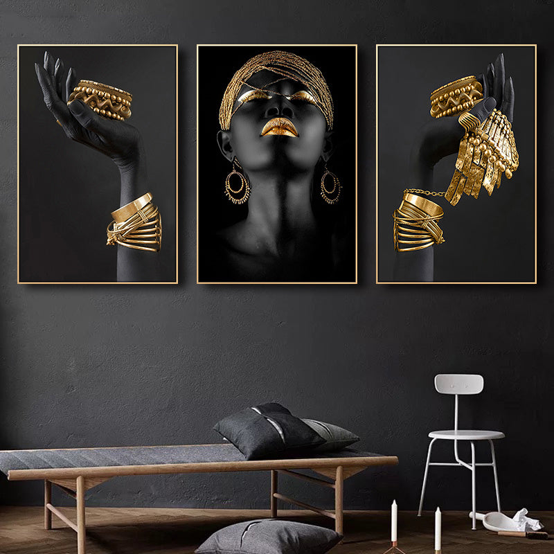 Beautiful African woman wall decals with golden jewelry canvas painting posters for home decor, no frame required.