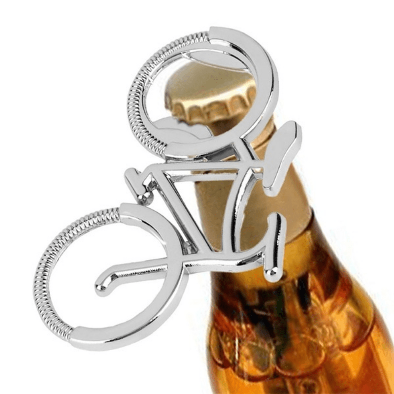 Stainless steel bicycle-shaped bottle opener for beer, wine, and juice. Great for kitchen gadgets, gifts, and home accessories.