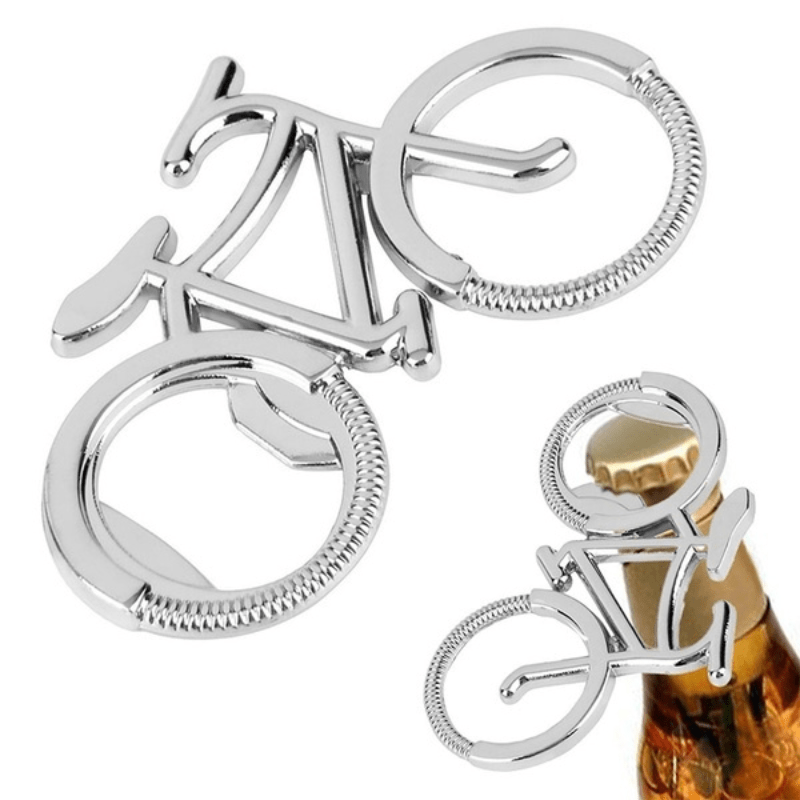 Stainless steel bicycle-shaped bottle opener for beer, wine, and juice. Great for kitchen gadgets, gifts, and home accessories.