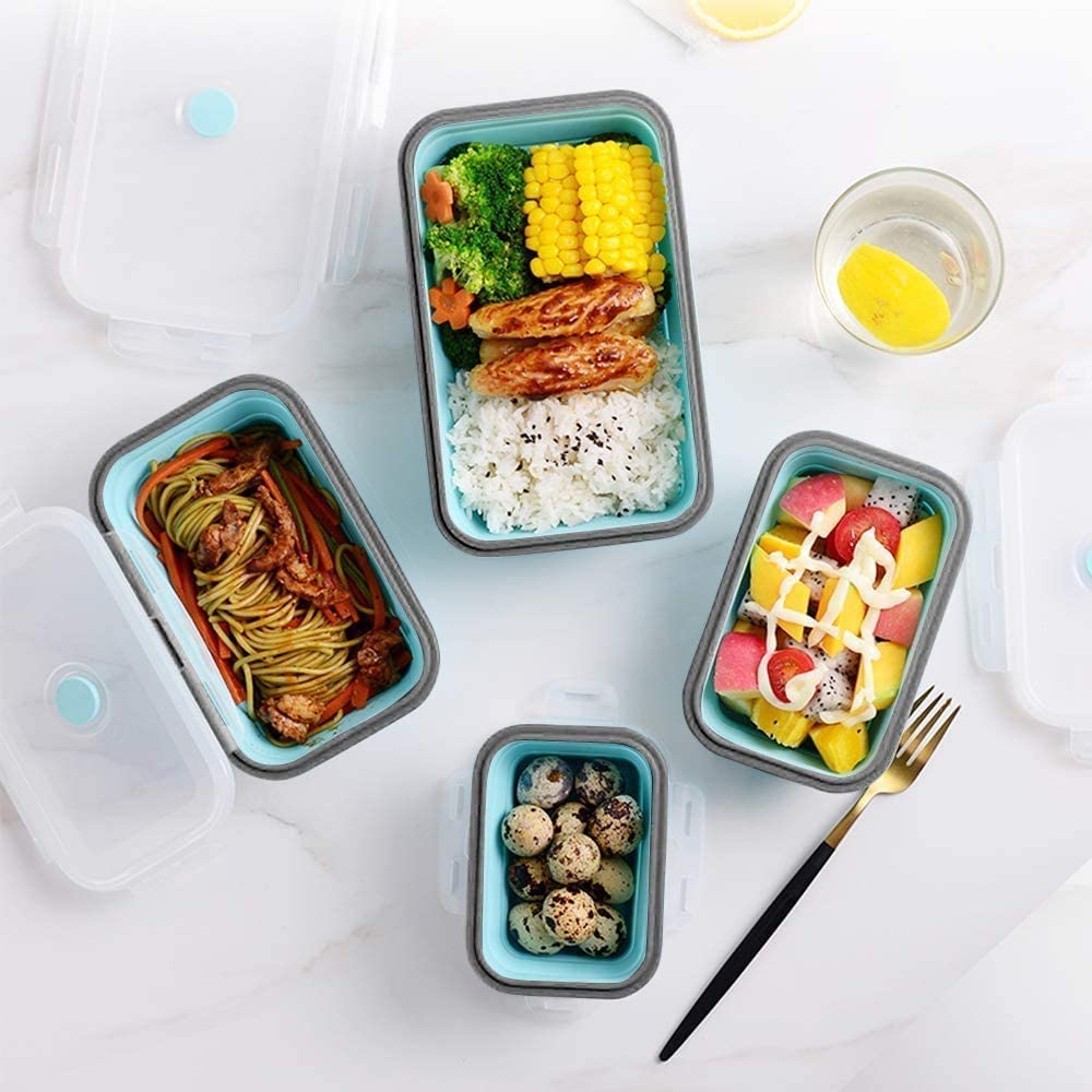 Collapsible Silicone Food Storage Containers, Set of 4 - Stackable, Space Saving, Microwaveable, Freezer and Dishwasher Safe, BPA Free - Perfect for Leftovers or Meal Prep, Foldable Lunch Box Containers, Essential Kitchen Accessories