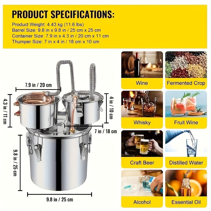 1pc Stainless Steel Alcohol Still with Copper Tube & Build-in Thermometer, 11.36 L, Double Thumper Keg Home Brewing Kit for DIY Whiskey, Wine, Brandy.